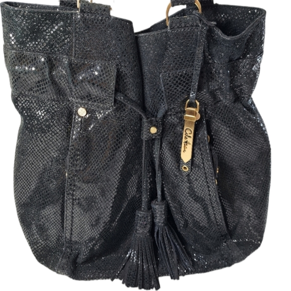 Cole Haan Women's Black Shoulder Bag Shiny Snake Skin Drawstring - Picture 2 of 16